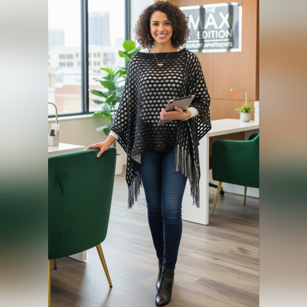 Max Edition Asymmetrica Poncho Women's L/XL Black &Grey Woven Waffle Knit Fringe